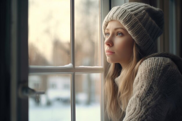 Nahaufnahme einer jungen Frau, die von ihrem Fenster aus eine Winterszene betrachtet