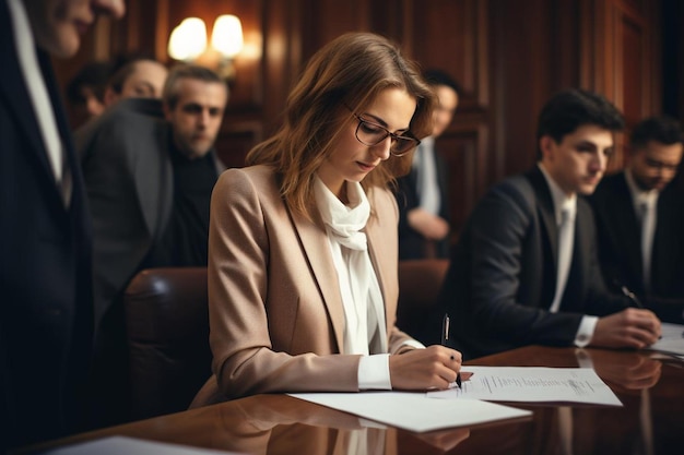 Nahaufnahme einer jungen Frau, die während des Block 47_0_1 Handschrift notiert.