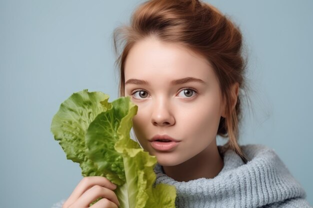 Nahaufnahme einer jungen Frau in den Zwanzigern im Pullover, die den Mund mit grünen Salatblättern bedeckt und auf dem Arbeitsplatz zur Seite schaut