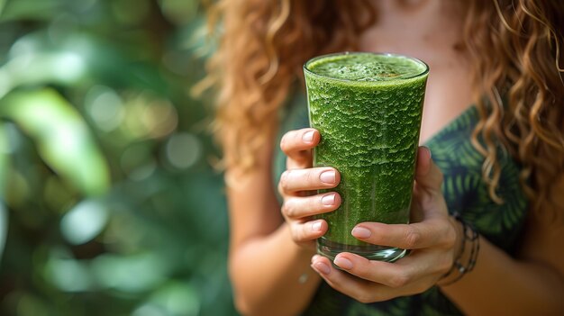 Foto nahaufnahme einer jungen frau mit einem glas grünem smoothie das konzept einer gesunden ernährung