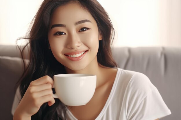 Nahaufnahme einer jungen Frau mit einer Kaffeetasse