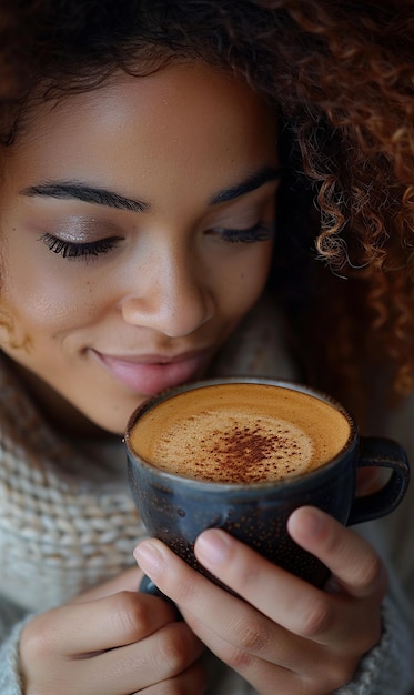 Nahaufnahme einer jungen Frau mit lockigem Haar, die eine Tasse Kaffee genießt, friedlicher Ausdruck