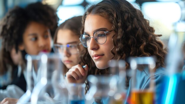 Nahaufnahme einer jungen Wissenschaftlerin, die eine chemische Reaktion in einem Reagenzglas beobachtet. Sie trägt einen Labormantel und eine Schutzbrille.