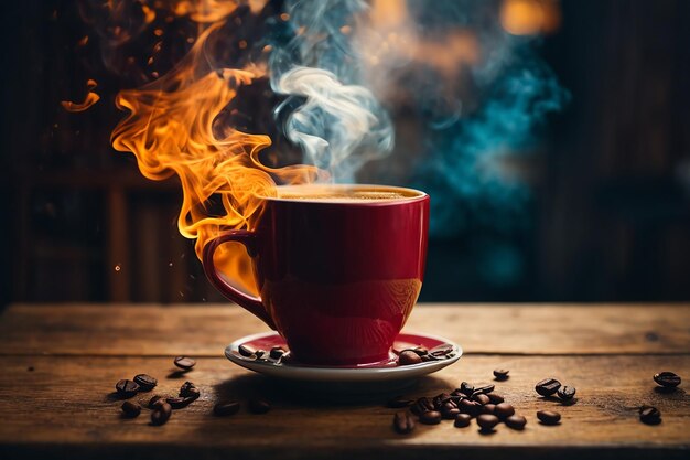 Nahaufnahme einer Kaffeetasse auf einem Holztisch, auf dem Dampf aufsteigt