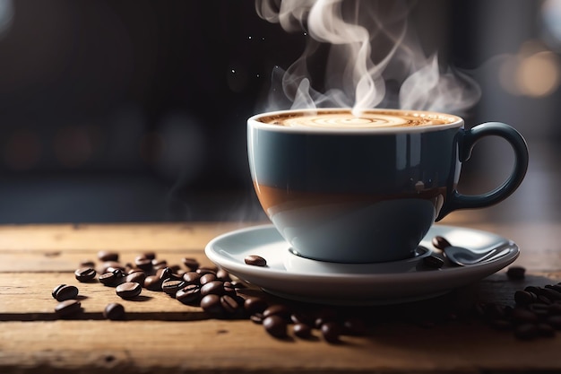 Nahaufnahme einer Kaffeetasse auf einem Holztisch, auf dem Dampf aufsteigt