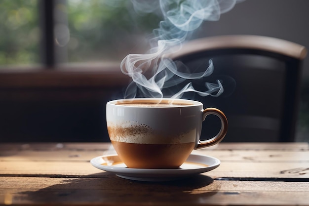 Nahaufnahme einer Kaffeetasse auf einem Holztisch, auf dem Dampf aufsteigt