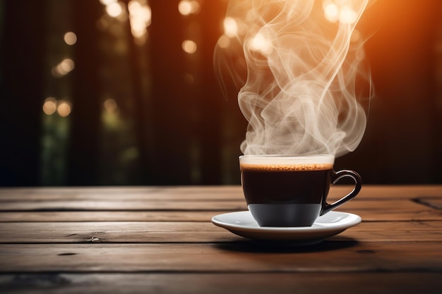 Nahaufnahme einer Kaffeetasse auf einem Holztisch, auf dem Dampf aufsteigt