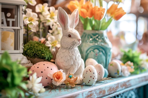 Nahaufnahme einer Kaninchenfigur auf dem Mantel, delikates handgefertigtes Dekor für ein gemütliches Zuhause