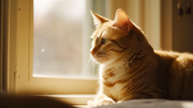 Nahaufnahme einer Katze, die auf der Fensterbank neben dem Fenster liegt. Generative KI