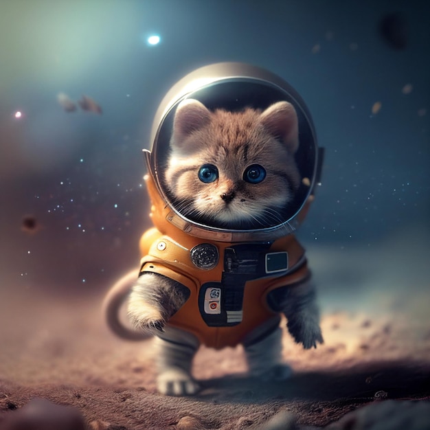 Nahaufnahme einer Katze im Raumanzug mit Helm auf generativer KI