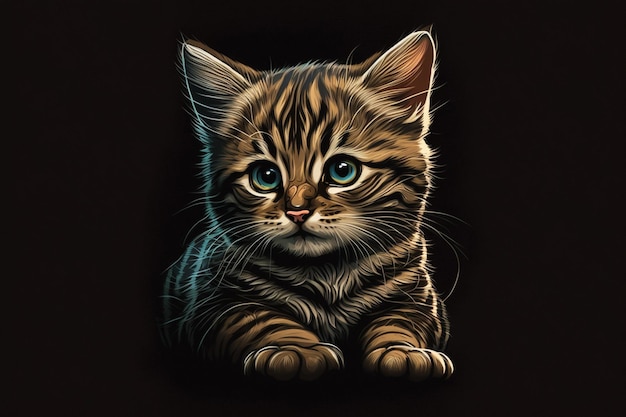 Nahaufnahme einer Katze mit blauen Augen und generativer KI auf schwarzem Hintergrund