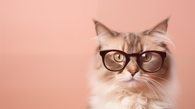 Nahaufnahme einer Katze mit Brille auf einem farbigen Hintergrund