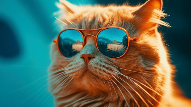 Nahaufnahme einer Katze mit Sonnenbrille und Spiegelung eines Gebäudes darin. Generative KI