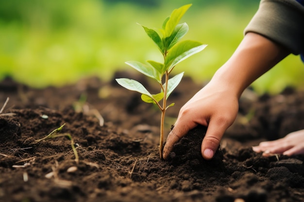 Nahaufnahme einer Kinderhand, die einen Baum auf fruchtbarem Boden mit naturgrünem Hintergrund pflanzt