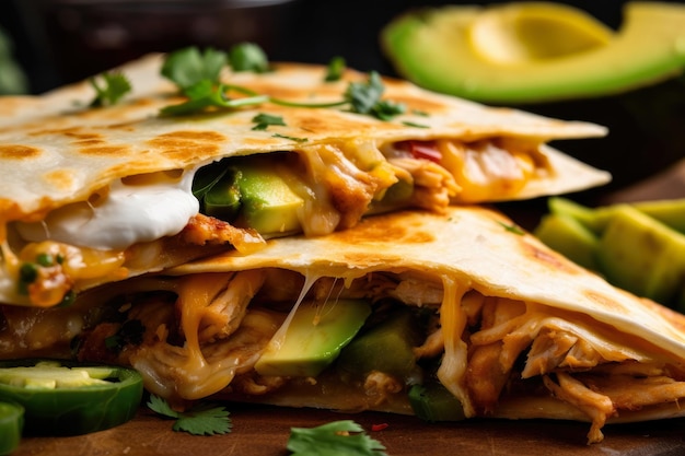 Foto nahaufnahme einer knusprigen hühnchen-quesadilla, garniert mit geschnittenem avocado-koriander