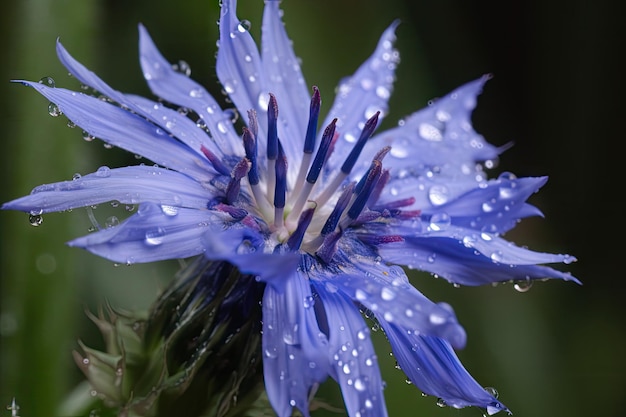 Nahaufnahme einer Kornblume mit Tautropfen auf dem Blütenblatt