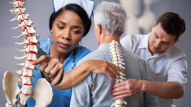 Foto nahaufnahme einer krankenschwester, die auf wirbelsäulenknochen auf einem menschlichen skelett zeigt, um der älteren patientin die diagnose zu erklären