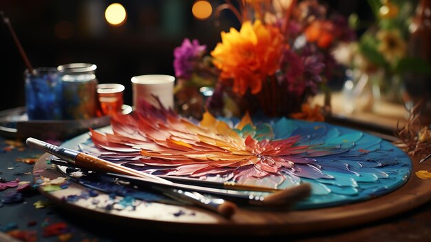 Nahaufnahme einer Kunstpalette mit bunt gemischten Farben und Pinsel