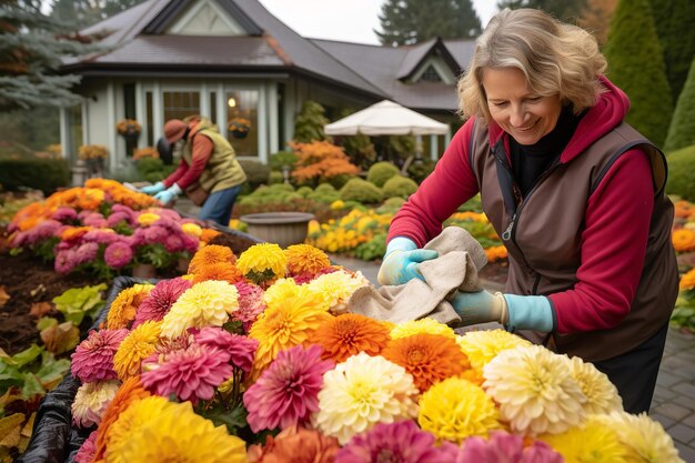 Nahaufnahme einer lächelnden Dame bei der Gartenarbeit