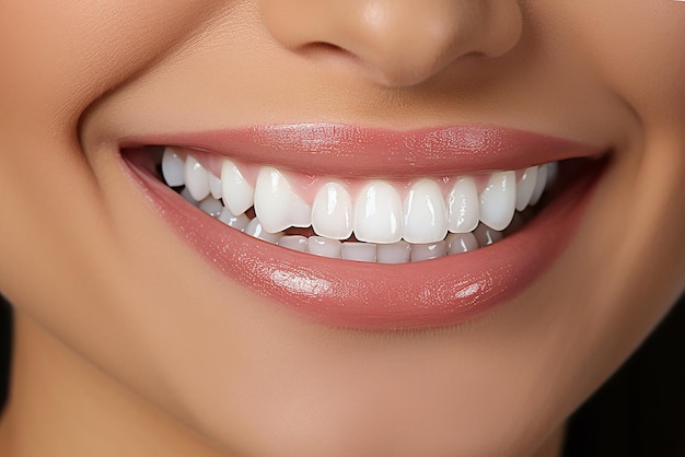 Nahaufnahme einer lächelnden jungen Frau mit weißen Zähnen Zahnmedizin-Konzept