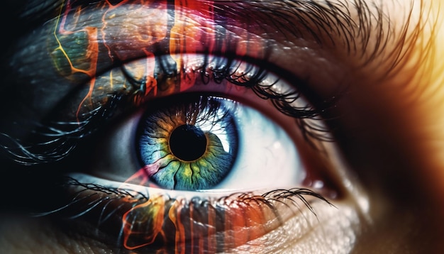 Nahaufnahme einer lebendigen mehrfarbigen Iris, die auf eine von künstlicher Intelligenz erzeugte Kamera starrt