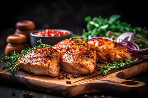 Foto nahaufnahme einer leckeren brathühnerbrust, die auf einem holzbrett serviert wird, gegrilltes hühnchen, generative ki