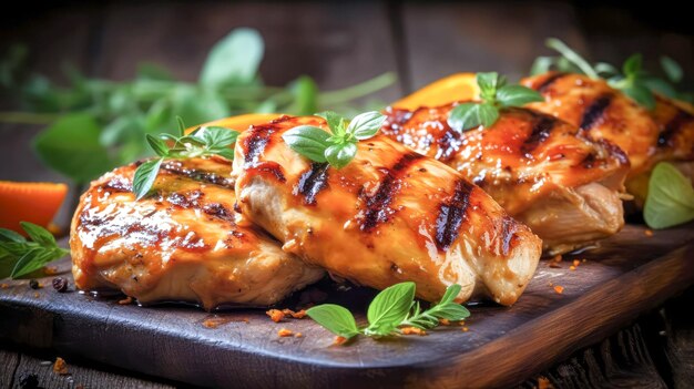 Foto nahaufnahme einer leckeren gebratenen hühnerbrust, die auf einem holzbrett serviert wird, köstliches essen gegrilltes hühnchen generative ki