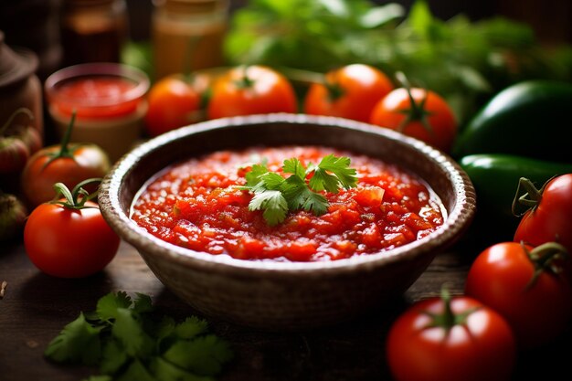 Nahaufnahme einer leckeren Schüssel mit scharfem Salsa mit Zutaten im Hintergrund