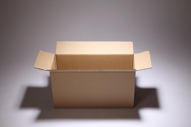 Nahaufnahme einer leeren Kartonbox vor weißem Hintergrund