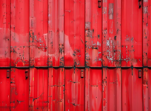 Nahaufnahme einer leuchtend roten, verwitterten Behälterwand mit schälender Farbe und Rost, die Anzeichen von Alter und Gebrauch zeigen