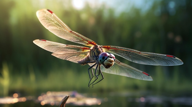 Foto nahaufnahme einer libelle, die im wald fliegt, generative ki