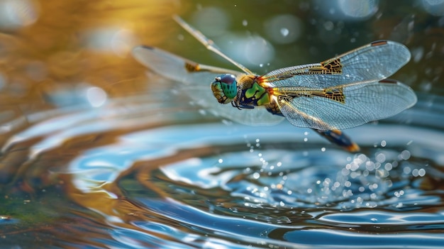 Nahaufnahme einer Libelle mitten im Flug, die ihre Flügel schnell schlägt, während sie über die Wasseroberfläche schwebt