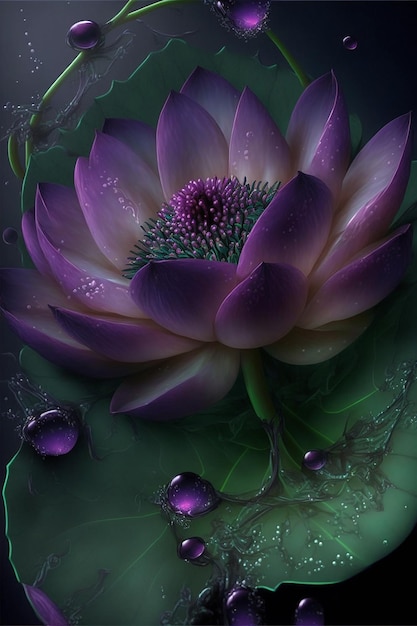 Nahaufnahme einer lila Lotusblume auf dem Teich mit Wassertropfen Erstellt mit generativer KI-Technologie