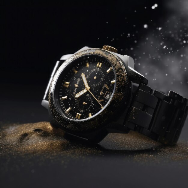 Foto nahaufnahme einer männerarmbanduhr auf schwarzem hintergrund auf goldenem sand selektiver fokus generativer ai