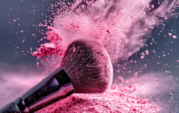 Foto nahaufnahme einer make-up-pinsel, die mit leuchtend rosa blushpulver bestäubt ist