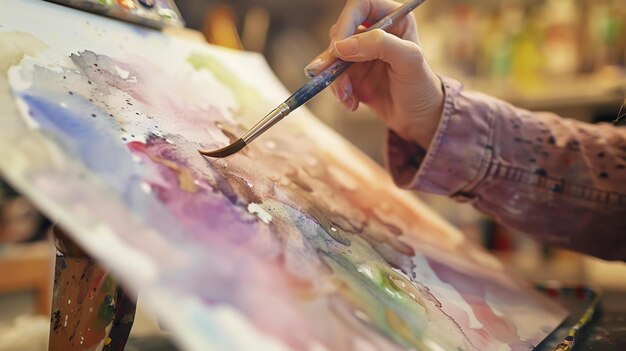 Nahaufnahme einer Malerhand, die einen Pinsel hält und auf einer Leinwand in einem Studio malt
