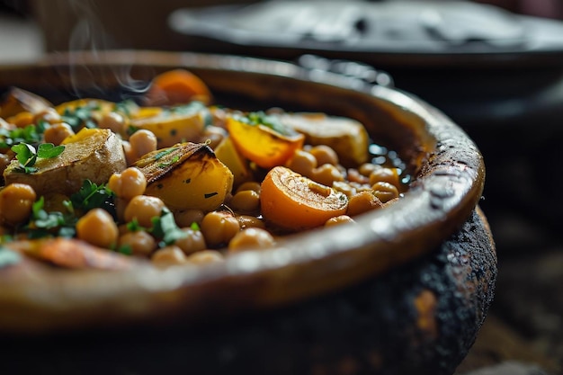 Nahaufnahme einer marokkanischen Tagine mit Kichererbsen und Gemüse