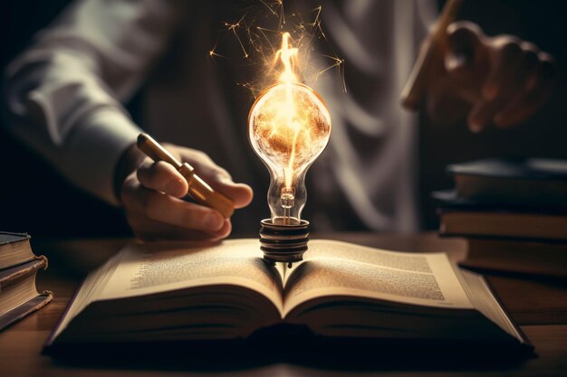 Nahaufnahme einer menschlichen Hand, die mit einer Glühbirne auf ein Buch zeichnet