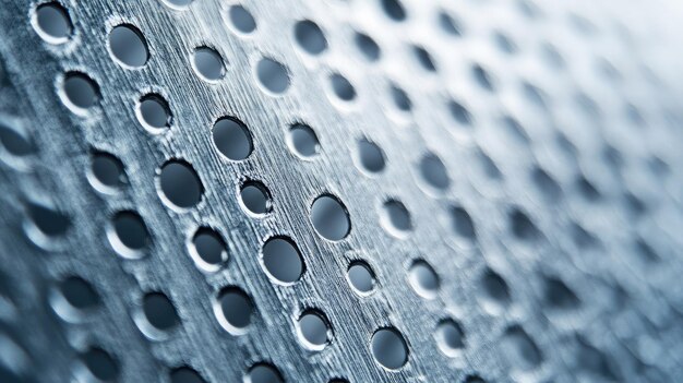 Nahaufnahme einer Metalloberfläche mit gleichmäßig verteilten kreisförmigen Löchern, die Industriedesign zeigt