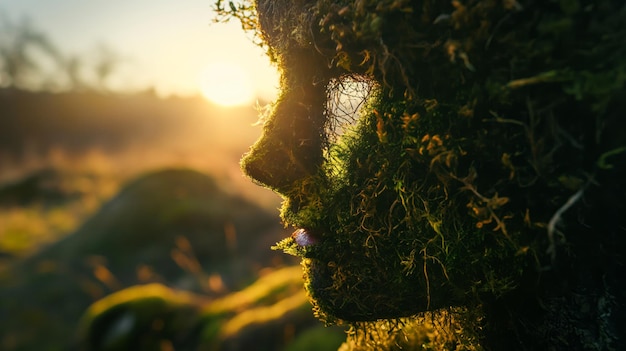 Nahaufnahme einer mit Moos bedeckten Waldskulptur, die im goldenen Licht einer untergehenden Sonne gebadet wird