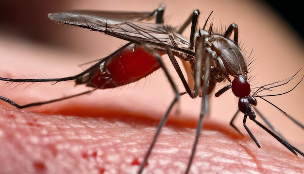 Foto nahaufnahme einer mücken auf einer menschlichen haut mit schwerpunkt auf dem körper und den beinen der mücken