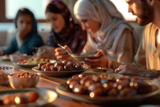 Foto nahaufnahme einer muslimischen familie, die während des iftar-mahls am esstisch speist