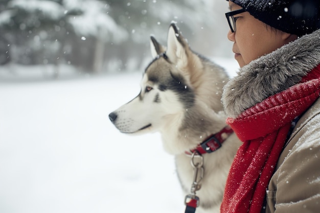 Nahaufnahme einer nachdenklichen Frau mit Husky in einem schneefälligen, intimen Wintermoment