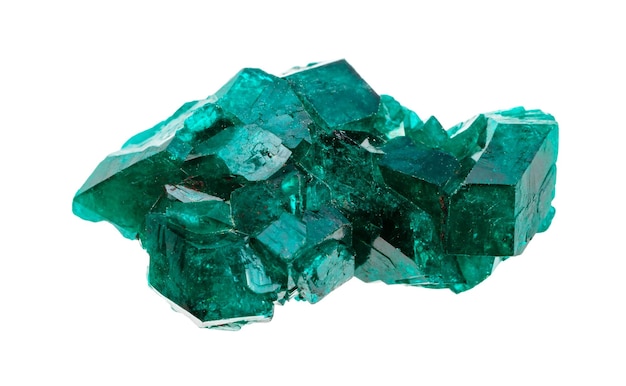 Nahaufnahme einer natürlichen Mineralprobe aus der geologischen Sammlung, raue smaragdgrüne Dioptase-Kristalle, isoliert auf weißem Hintergrund