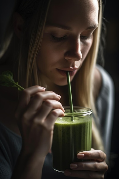 Nahaufnahme einer nicht wiederzuerkennenden Frau, die grünen Smoothie mit einem Strohhalm isst