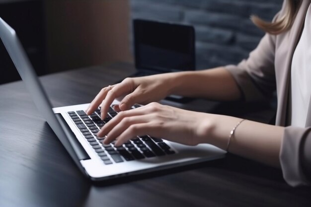 Nahaufnahme einer nicht wiederzuerkennenden Frau, die während der Arbeit im Büro auf der Laptop-Tastatur tippt