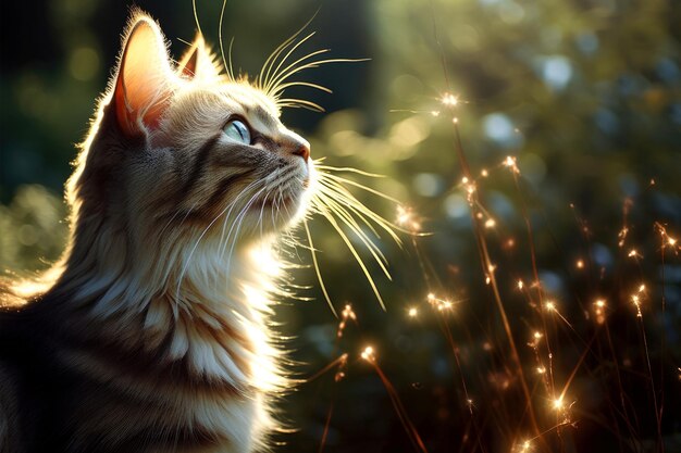 Foto nahaufnahme einer niedlichen katze, die auf etwas mit schönem bokeh-hintergrund starrt generative ki