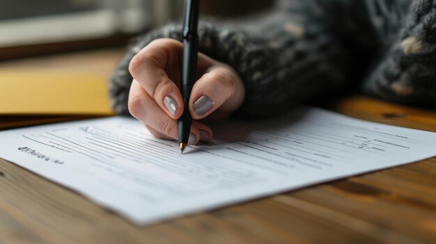 Foto nahaufnahme einer person, die einen stift in der hand hält, um ein dokument zu schreiben oder zu unterschreiben