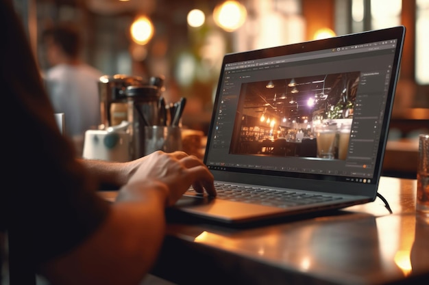 Nahaufnahme einer Person, die sich auf Laptop-Arbeit in einem trendigen Kaffeehaus konzentriert