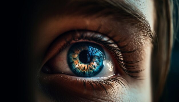 Nahaufnahme einer Person mit blauem Auge mit selektiver Fokussierung, erzeugt durch künstliche Intelligenz